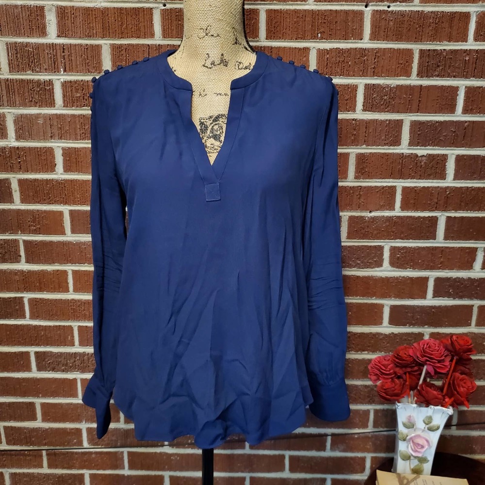 Joie Navy Women V-Neck Button Detailing Bell Cuff Long Sleeve Blouse Top Small